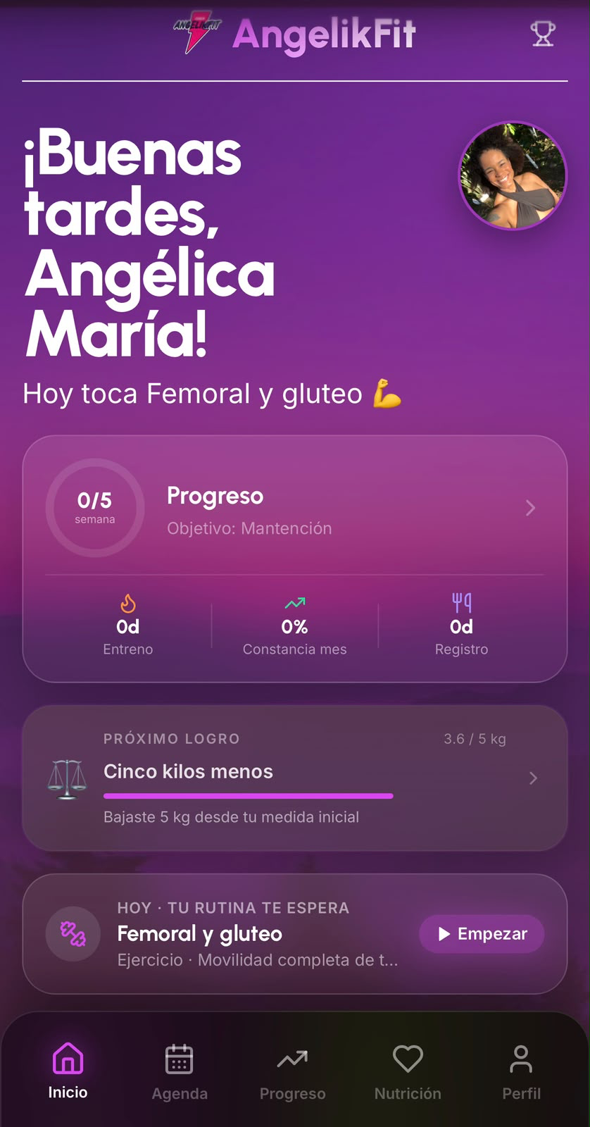Pantalla de inicio de la app AngelikFit